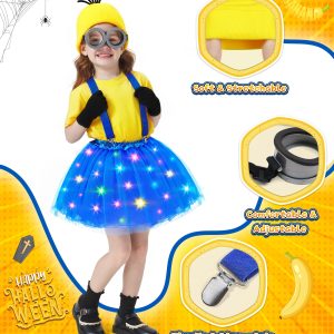 Halloween Costume for Kids, 5 PCS Light Up Yellow Halloween Cosplay Costume Accessories Set LED Blue Tutu Skirt/Steampunk Goggles Glasses/Beanie Hat/Suspenders/Black Gloves for Girls 4-8 Years