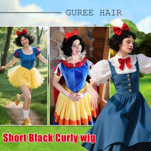 Guree Hair Short Black Curly Wigs + Red Bow Headband for Women Costume Synthetic Bob Curly Wig for Halloween Cosplay Party Use