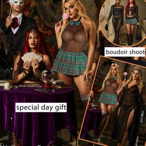 Avidlove Schoolgirl Lingerie for Women Sexy Student Set Snap Crotch Halter Fishnet Bodysuit and Mini Skirt