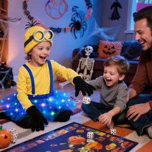 Halloween Costume for Kids, 5 PCS Light Up Yellow Halloween Cosplay Costume Accessories Set LED Blue Tutu Skirt/Steampunk Goggles Glasses/Beanie Hat/Suspenders/Black Gloves for Girls 4-8 Years