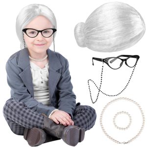 AOTHSO 5 Pieces 100 Days of School Old Lady Wig Costume Set Granny Cosplay Wig Glasses Necklace for Halloween Dress Up Party