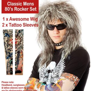 ALLAURA 70s 80s Rocker Wigs + Tattoos Costume Set Glam Hairband Rockstar Mullet Wig + Tattoo Sleeves Heavy Metal Wigs Metal HairWig | Rock Star Wig for Men — Rock Star Costumes for Men's