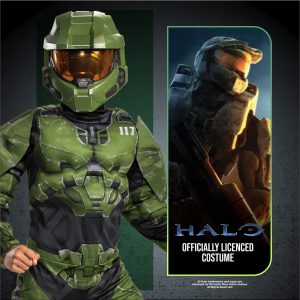 Disguise Halo Infinite Master Chief Costume, Kids Size Muscle Padded Video Game Inspired Character Jumpsuit, Child Size Small (4-6) Green & Black