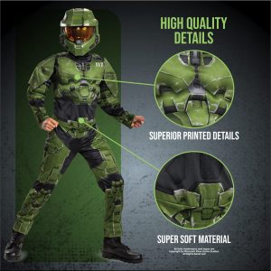 Disguise Halo Infinite Master Chief Costume, Kids Size Muscle Padded Video Game Inspired Character Jumpsuit, Child Size Small (4-6) Green & Black