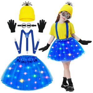 Halloween Costume for Kids, 5 PCS Light Up Yellow Halloween Cosplay Costume Accessories Set LED Blue Tutu Skirt/Steampunk Goggles Glasses/Beanie Hat/Suspenders/Black Gloves for Girls 4-8 Years