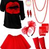 80s Outfit Costume Accessories for Women Neon T Shirt Tutu Skirt for Halloween(Red,S)