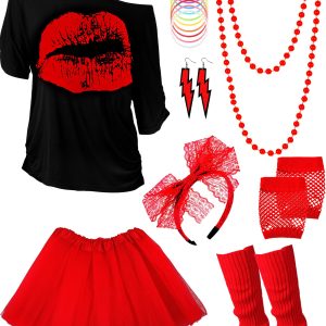 80s Outfit Costume Accessories for Women Neon T Shirt Tutu Skirt for Halloween(Red,S)