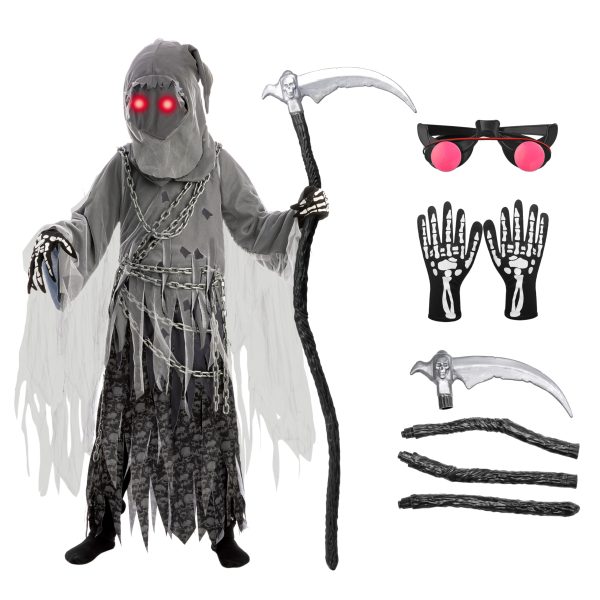Spooktacular Creations Child Unisex Grim Reaper Costume, Halloween Costume with Glowing Red Eyes for Kids Trick-or-Treating-S(5-7yr)
