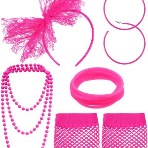 80s Accessories for Women Costume Lace Headband Earrings Fishnet Gloves Necklace Bracelet for 80's Party (Rose Red)