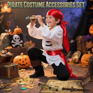 9 PCS Pirate Accessories Set, Pirate Costume Accessories With Hat, Head Scarf, Sash, Belt, Eye Patches, Swords, Map, Necklace for Halloween Party Favors Supplies Toys