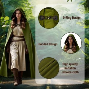 KDAFJLKD Women's Hooded Velvet Cloak, Renaissance Medieval Buckle Cape,Halloween Costume Cloak (Green)
