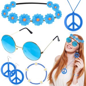 Batiyeer 6 Pcs Hippie Costume Accessories Set, Boho Peace Sign Daisy Flower 60s 70s Party Favors Decor for Groovy Party Women(Blue)