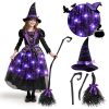 Spooktacular Creations Halloween Witch Costume Kids, Light Up Witch Dress with Hat and Broom for Girls, Toddlers Bat Outfit Set for Halloween Costumes Role Play Parties, Purple (3T(3-4 yrs))