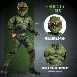 Disguise Halo Infinite Master Chief Costume, Kids Size Muscle Padded Video Game Inspired Character Jumpsuit, Child Size Small (4-6) Green & Black