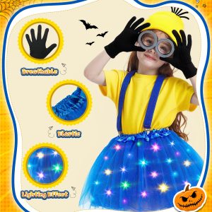 Halloween Costume for Kids, 5 PCS Light Up Yellow Halloween Cosplay Costume Accessories Set LED Blue Tutu Skirt/Steampunk Goggles Glasses/Beanie Hat/Suspenders/Black Gloves for Girls 4-8 Years
