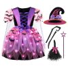 Spooktacular Creations Girls Light Up Witch Costume, Kids Witch Costume with Hat and Broom for Toddler Halloween Dress Up Parties (Large(10-12yr))