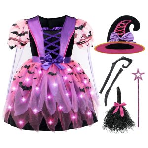 Spooktacular Creations Girls Light Up Witch Costume, Kids Witch Costume with Hat and Broom for Toddler Halloween Dress Up Parties (Large(10-12yr))
