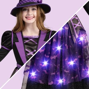 Spooktacular Creations Halloween Witch Costume Kids, Light Up Witch Dress with Hat and Broom for Girls, Toddlers Bat Outfit Set for Halloween Costumes Role Play Parties, Purple (3T(3-4 yrs))
